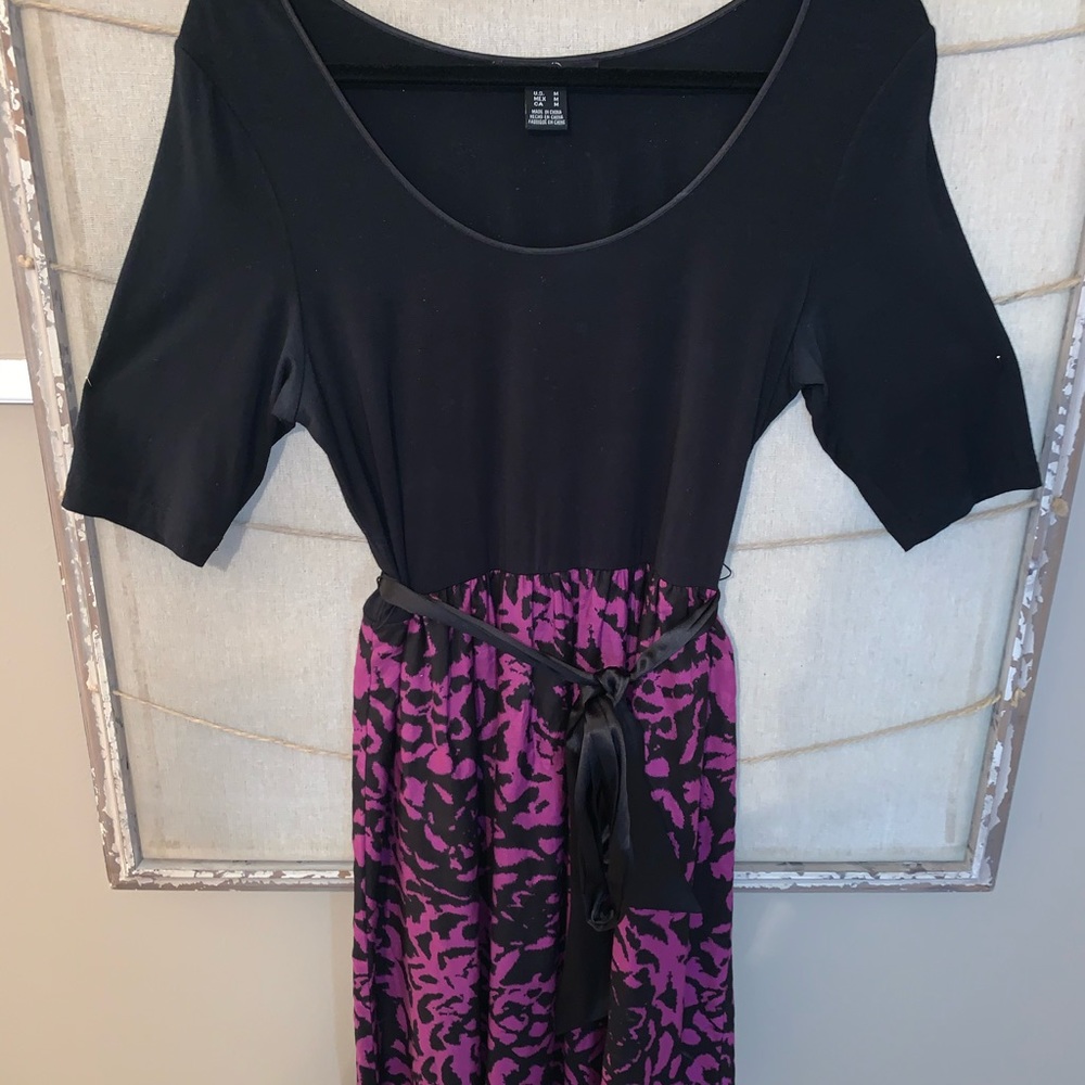 Kensie Black & Purple Dress 3/4 Sleeve tie waist M